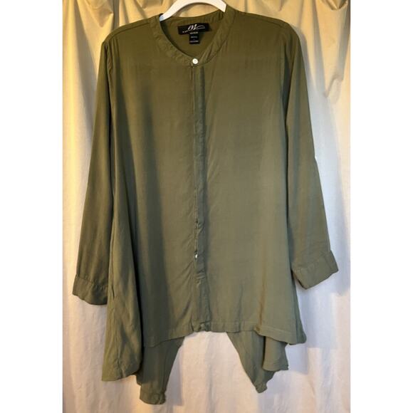 Woman’s Midnight Velvet Khaki Green Hidden Button Up Tunic Blouse Top Size L - Picture 1 of 5